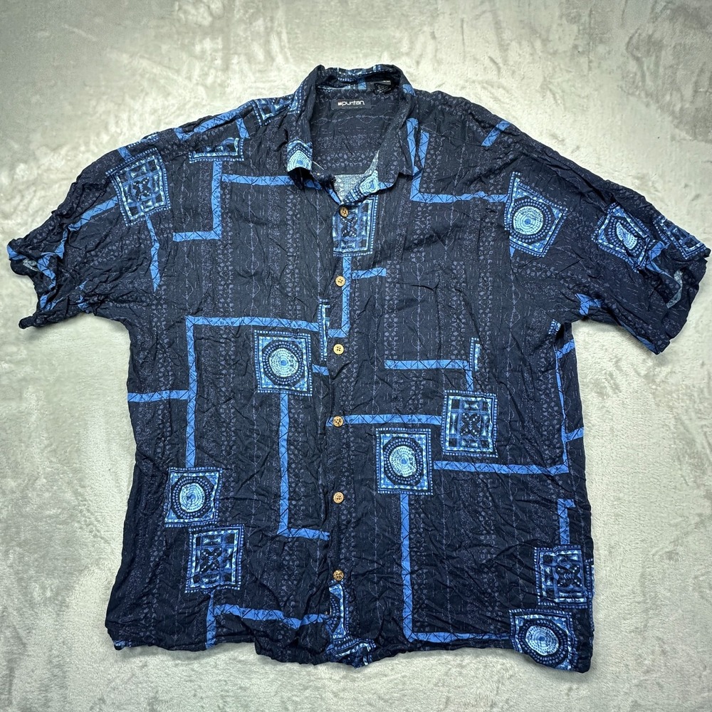 Vintage Puritan Hawaiian Shirt Mens XL Blue All-Over Print Beach Wear Button Up